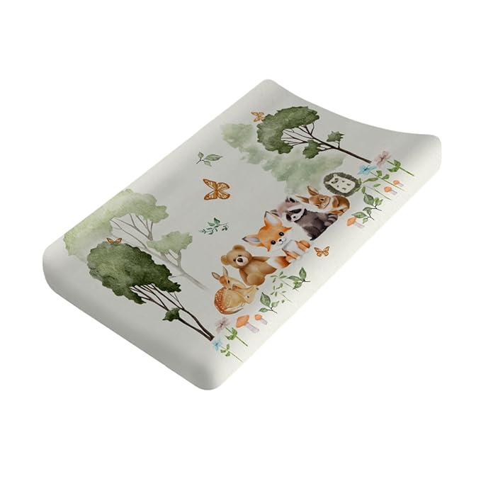 Cute Animals Forest Changing Pad Covers Bear Raccoon Fox Deer Rabbit Hedgehog Diaper Change Table Sheets for Boys Girls Soft Stretchy Baby Diaper Changing Table Mat Cover 32''x16''