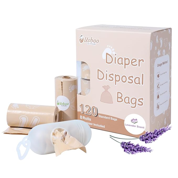 USBOO Diaper Bags Disposable for Baby, Biodegradeable Dirty Diaper Bags (8 Refill Rolls/120 Bags) with Dispenser, Leak Proof Diaper Trash Bags, Baby Poop Bags, Lavender Scent