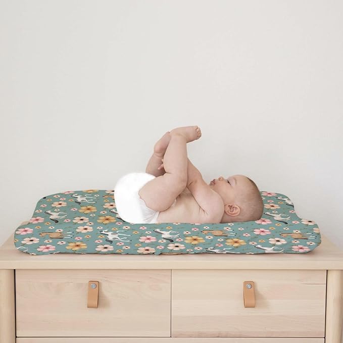 Watercolor Horse Boho Floral Changing Pad Cover Cute Horses Baby Diaper Change Table Pad Cover for Boys Girls Soft Breathable Stretch Snug Fitted Diaper Changing Mat Sheets Covers 32''x16'' Green