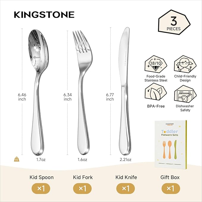 KINGSTONE Kids Silverware, 3-Piece Large Forks and Spoons Knife Gift Set, 18/10 Stainless Steel Kids Utensils for Self-Feeding, Food Grade Flatware, Dishwasher Safe, Mirror Polished