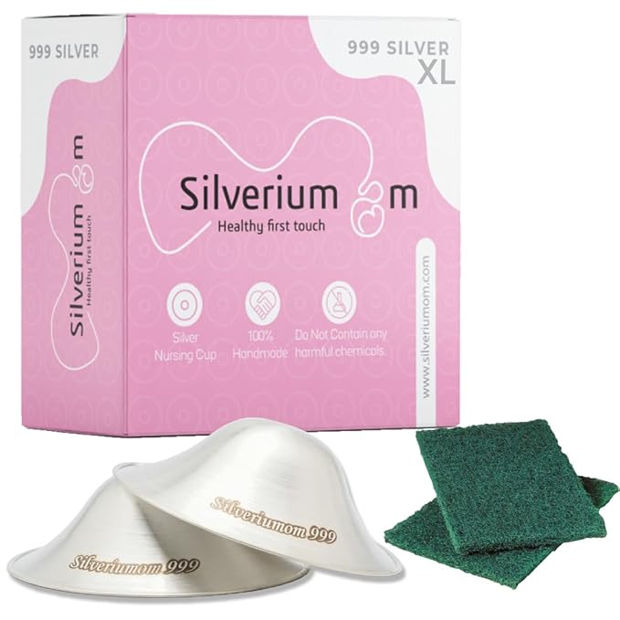 Silveriumom The Original Silver Nursing Cups - Nipple Shields for Nursing Newborn - 100% Pure Silver 999 Silver and Handmade - Nipple Covers Breastfeeding (XL)