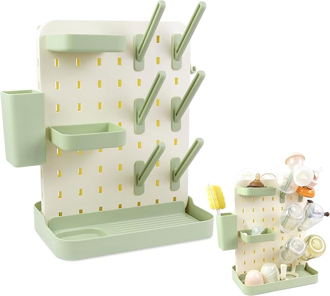 Baby Bottle Drying Rack Space Saving Countertop Vertical Rack with Brushes Holder (Green)