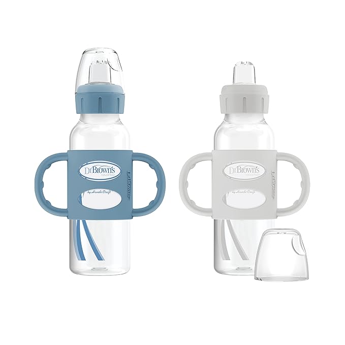 Dr. Brown's Milestones Narrow Sippy Spout Bottle with 100% Silicone Handles 2-Pack, Light-Blue & Gray and Light-Pink & Ecru, 8oz/250mL, 6m+