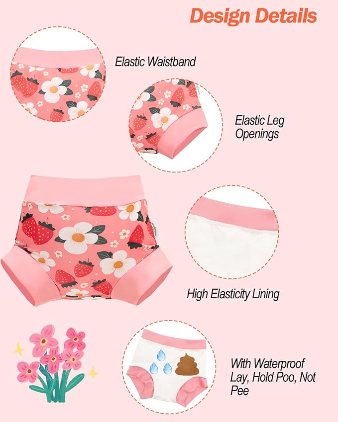 babygoal Reusable Swim Diaper - Waterproof Cloth Swimmers Pants for 18 Months to 24 Months Baby Toddler Beach & Pool(Strawberry,Sunflower,Dinosaur)