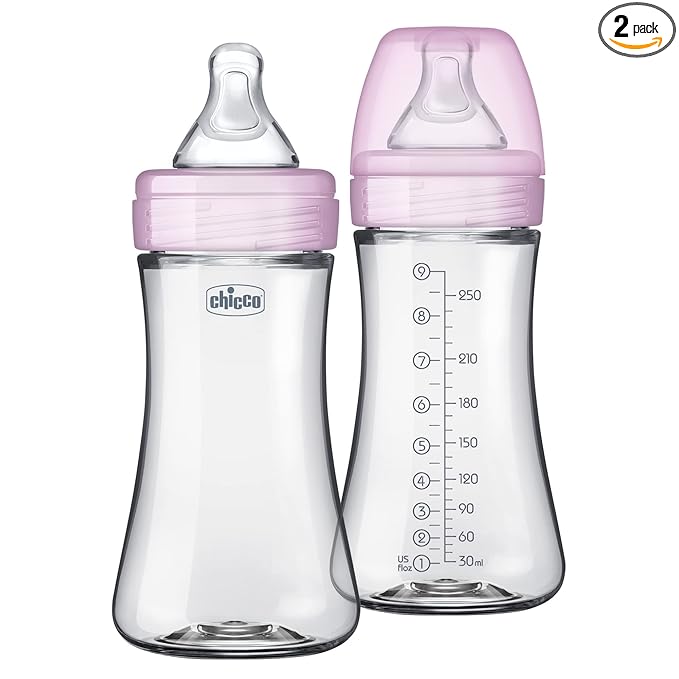 Chicco Duo 9oz Hybrid Baby Bottle, Real Glass Inside, Lightweight Plastic Outside, Patented Invinci-Glass Technology, Intui-Latch Nipple, 2-Pack, Clear/Pink
