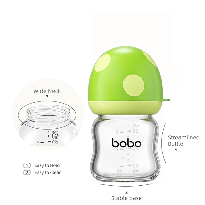 YOHKOH Natural Glass Baby Bottle with Level 1 Slow Flow Nipple, Newborn Anti-Colic Baby Bottles, Wide Neck Mushroom Baby Glass Bottle (Green, 3.4oz (Pack of 4))