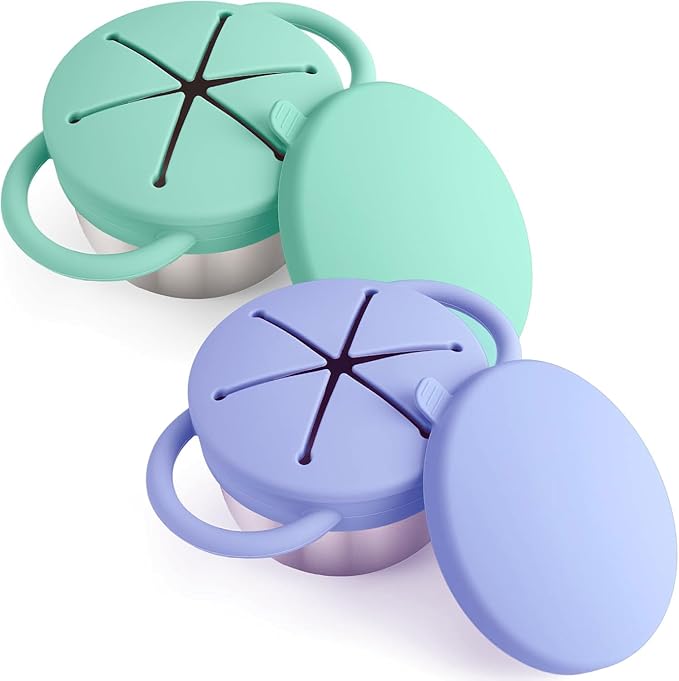 Stainless Steel Snack Containers for Toddlers with Spill-Proof Silicone Lids & Handles - 3-in-1 Baby Snack Cups, No-Spill Toddler Snack Box, Perfect for On-the-Go Healthy Eating - 2pack
