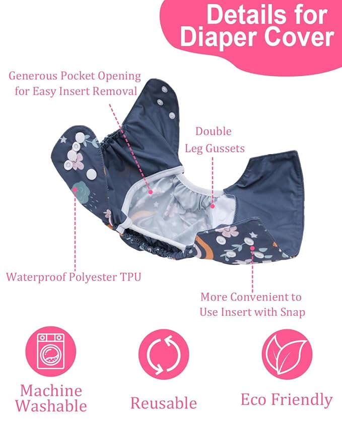 babygoal Cloth Diaper Covers 6 Pack with Wet Bag for Fitted Diapers and Prefolds with Double Gussets, Adjustable and Reusable for Baby Girls
