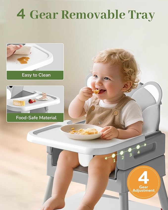 AVIDOR Baby Highchair for Babies and Toddlers, 6 in 1 High Chair with 5 Point Harness and Removable Safe Tray, Easy Clean& Ergonomic, Cute Bear Cunshion Baby Highchair for 6-36 Months and 35 lbs, Gray