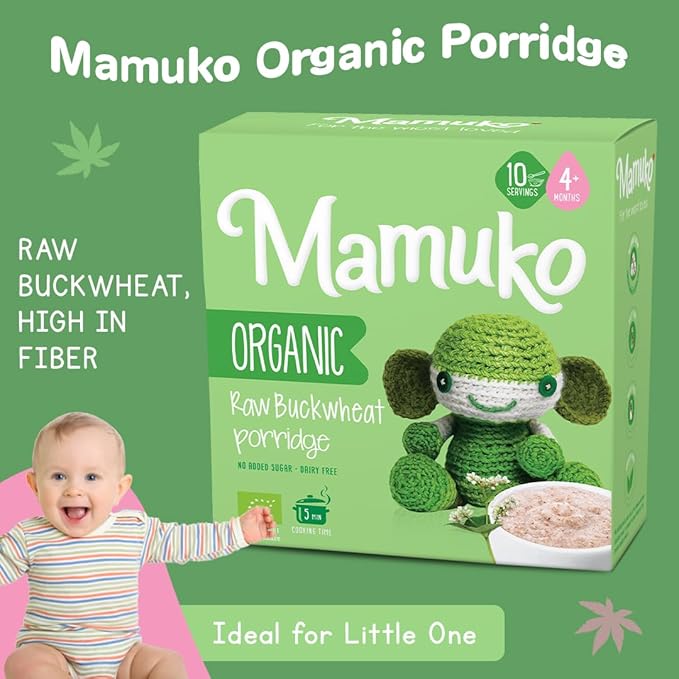MAMUKO Organic Raw Buckwheat Porridge - High Fiber Porridge with No Added Sugar, Milk & Preservatives - Vegan Porridge Ideal for Little Ones from 4+ Months - (200g - 10 Servings)