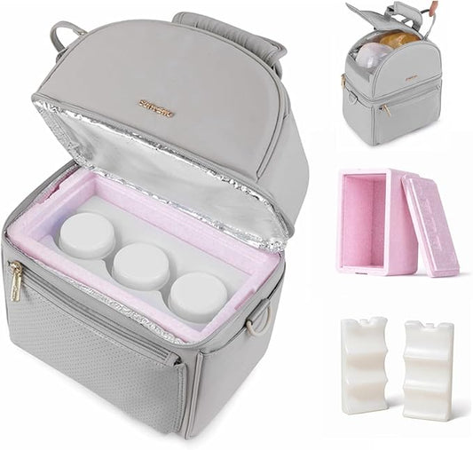 SUNVENO Breast Milk Cooler Bag with Detachable Insulation Box, Double-Layer Pumping Travel Bag for Work & Daycare, Fits Bottles, Ice Packs and Pump Parts,Grey