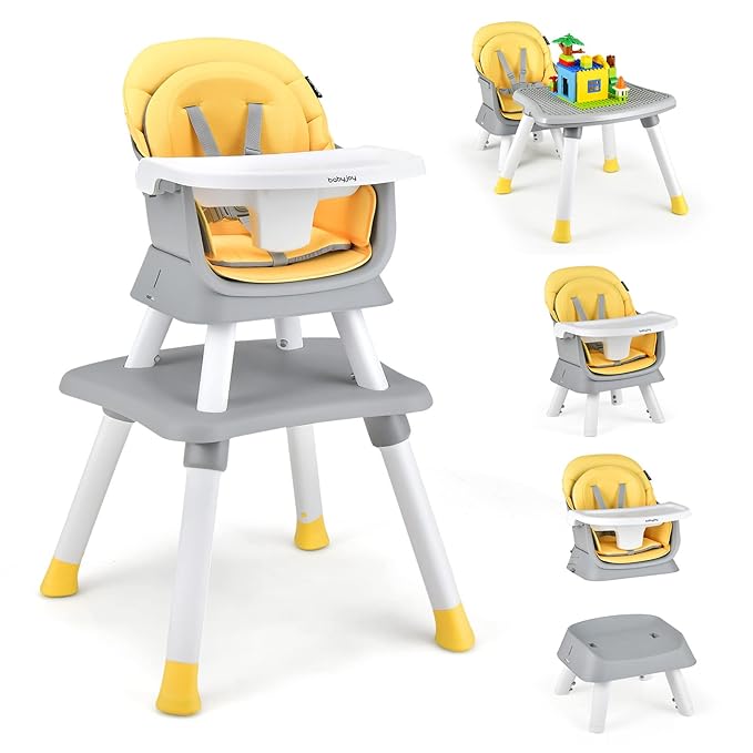 BABY JOY Baby High Chair, 8 in 1 Convertible Highchair for Babies & Toddlers | Booster Seat | Table and Chair Set | Building Block Table | Toddler Chair with Safety Harness, Removable Tray (Yellow)