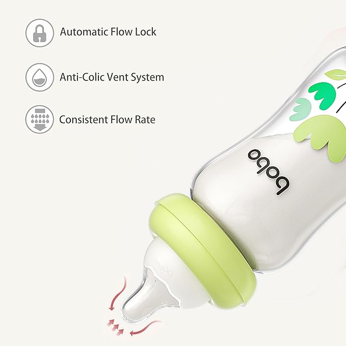 YOHKOH Natural Glass Baby Bottle with Level 1 Slow Flow Nipple, Newborn Anti-Colic Baby Bottles, Wide Neck Mushroom Baby Glass Bottle (Green, (5.4oz (Pack of 2))