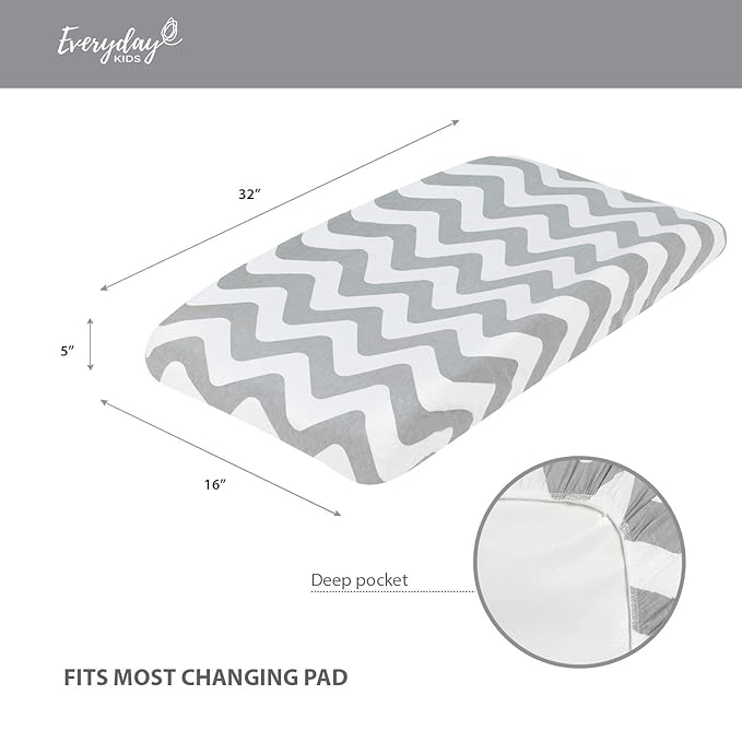 EVERYDAY KIDS 2 Pack Baby Changing Pad Covers for Boys and Girls – Fits Most Changing Table Pads; 100% Cotton Jersey Knit, Breathable, Ultra Soft Changing Table Topper - Gray Moon and Stars + Chevron