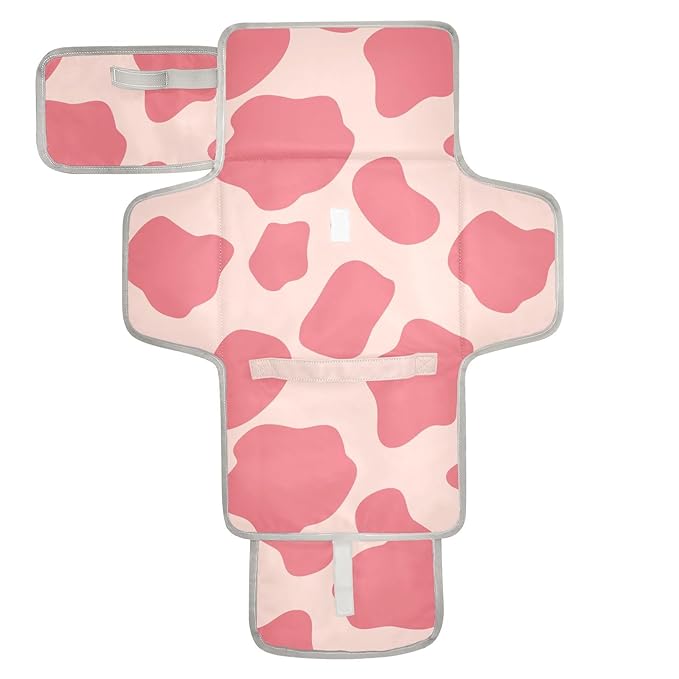 Portable Diaper Changing Pad Travel Baby Changing Mat Waterproof Diaper Changing Mat Foldable Lightweight Baby Changer with Built-in Pillow Cow Print Pink