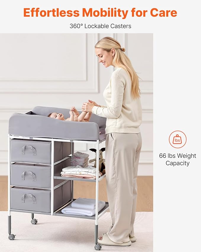 VEVOR Baby Changing Table, Adjustable Height Diaper Change Station with 3 Fabric Drawers & Lockable Wheels, Portable Multifunctional Changing Station Table with Storage Organizer Nursery, Gray
