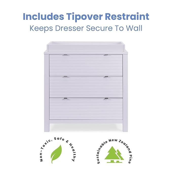 Delta Children Cassie 3 Drawer Dresser with Changing Top and Interlocking Drawers, Lilac
