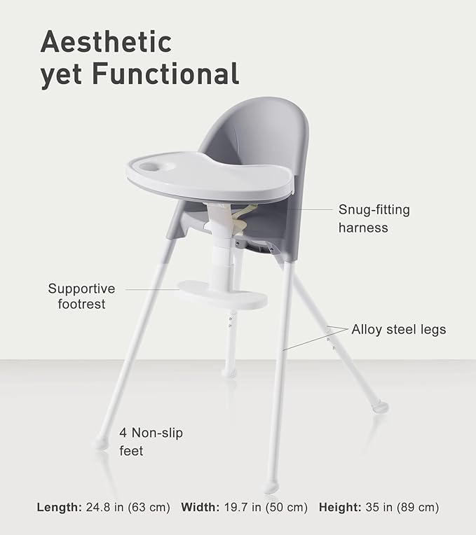 Mallify Foldable High Chair, Space-Saving Portable Baby High Chair with Removable Double Tray, Modern Convertible Baby Feeding Chair, Lightweight, Easy to Clean, Gray