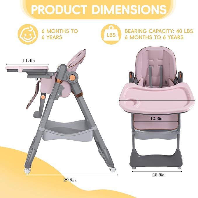 Foldable High Chair for Toddlers with Removable Double Tray & Storage Basket, 5 Height Levels Baby Eating Chair,3 Recline & Footrest Positions, Lockable Wheels,Easy Clean Feeding Chair (Pink)