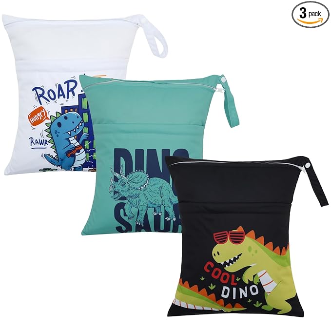 ALVABABY 3pcs Cloth Diaper Wet Dry Bags Waterproof Reusable with Two Zippered Pockets Travel Beach Pool Daycare Soiled Baby Items Yoga Gym Bag for Swimsuits or Wet Clothes 3L-ZM24A