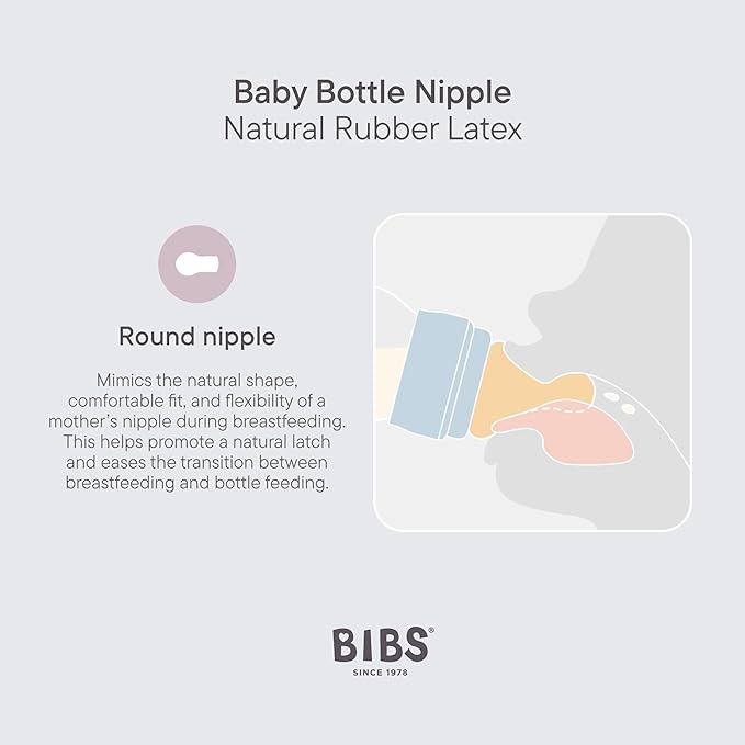 BIBS Bottle Nipple 2-Pack. Anti-Colic. Extra Nipples for BIBS Baby Bottles. Round Nipple. Natural Rubber Latex, Slow Flow