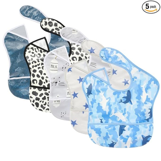 TSD Baby Bibs Waterproof Feeding Bibs 5pack Adjustable Mealtime Poctet Bib for Newborn Toddler Infant Easy Clean Durable Baby Essentials Shower Gift