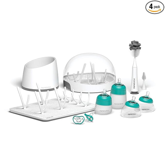 Nanobebe Breastmilk and Silicone Baby Bottle Ultimate Set Gen 2, 5oz and 9oz - with Sterilizer, Drying Rack, Anti-Colic Nipples, Pacifiers, and Warmer - Teal/Grey