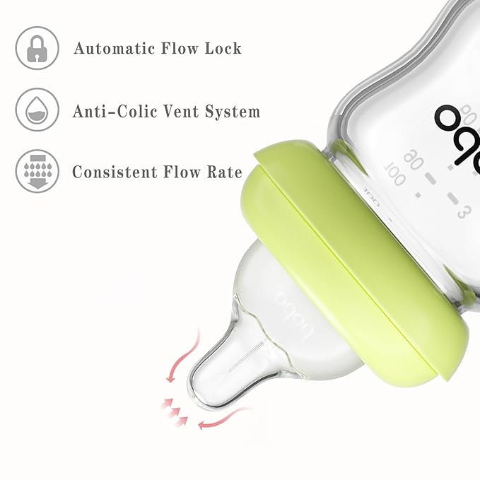 YOHKOH Natural Glass Baby Bottle with Level 1 Slow Flow Nipple, Newborn Anti-Colic Baby Bottles, Wide Neck Mushroom Baby Glass Bottle (Multicolour-A, 3.4oz (Pack of 4))