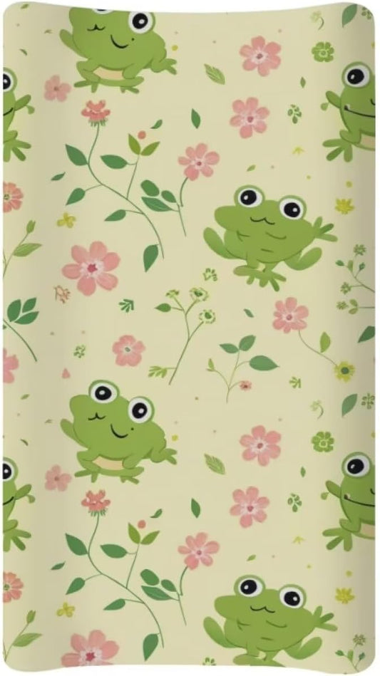 Changing Pad Covers for Boys Girls, Green Floral Frog Diaper Changing Table Pad Cover Soft Breathable Changing Mat Cover for 32''x16" Cute Birthday Gifts for Baby