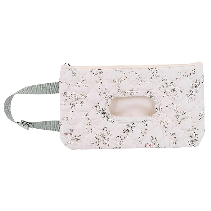Quilted Baby Wipe Holder, Canvas Floral Quilted Pouch with Hanging Strap, Portable Diaper Wipe Holder for Travel Stroller-Green Leaves