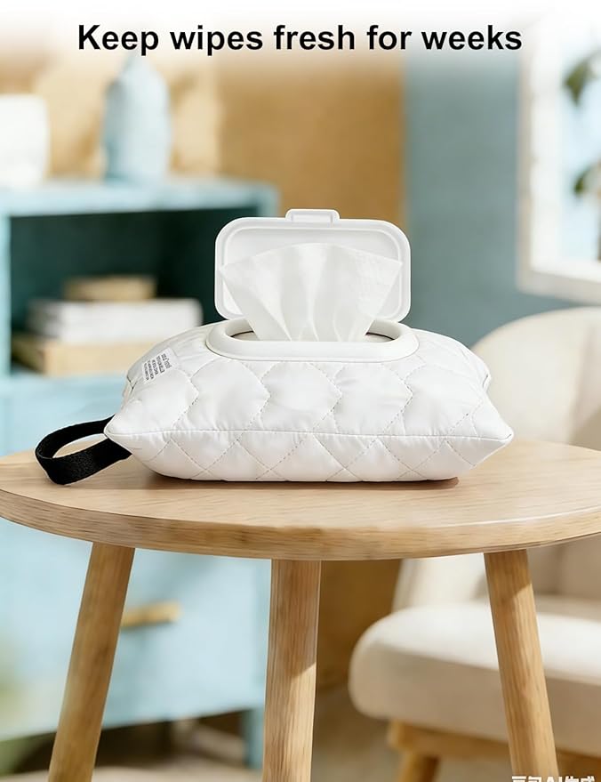 Reusable Baby Wipe Cover Fabric Quilted, Universal Size Travel-Friendly Baby Wipes Bag with Zipper Compatible with HUGGIES,WaterWipes,Pampers,Johnson and More Brands (White)