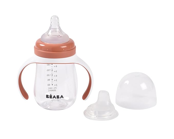 BEABA 2-in-1 Baby Bottle to Transition Sippy Cup, No Spill Sippy Cup, Includes Removable Handles, Silicone Baby Bottle Nipple and Soft Spout, 7 oz Terracotta
