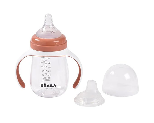 BEABA 2-in-1 Baby Bottle to Transition Sippy Cup, No Spill Sippy Cup, Includes Removable Handles, Silicone Baby Bottle Nipple and Soft Spout, 7 oz Terracotta