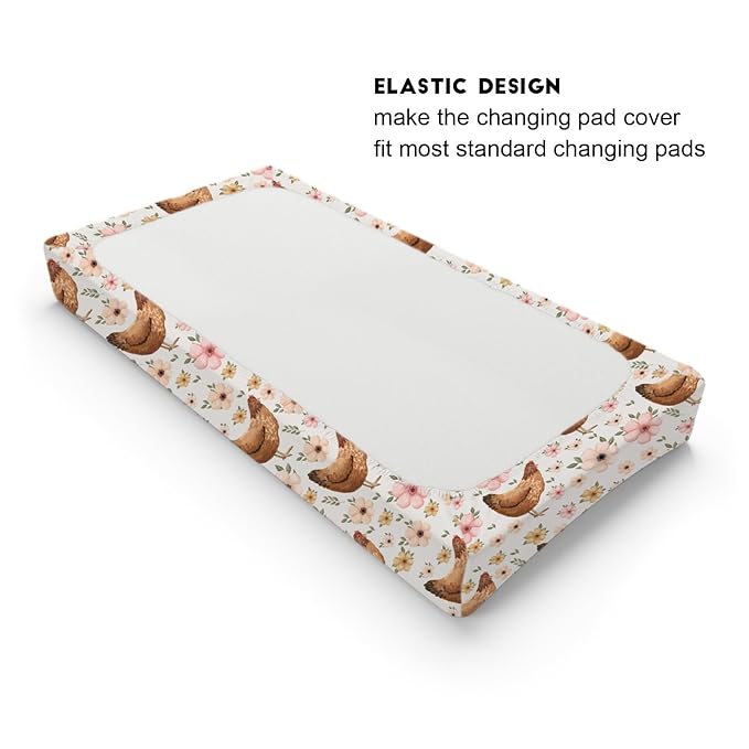 Vintage Hens Chicken Boho Floral Changing Pad Cover Farm Animals Change Table Pad Cover for Baby Boys Girls Soft Breathable Stretchy Snug Fitted Baby Diaper Changing Mat Sheets Cover 32''x16''
