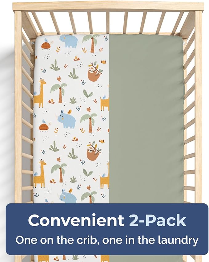 2-Pack Mini Crib Sheets Fitted - Pack N Play Sheets for Pack and Play Mattress - Stretchy Soft Microfiber Playard Bedding - Mini Toddler Bed Cover Boys & Girls - Easy-Fit, Oeko-Tex, 38 x 24in - Safari