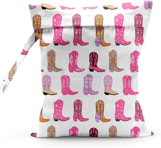 Waterproof Cloth Diaper Wet Dry Bag, Reusable Travel Beach Pool Daycare Soiled Toddler Items Yoga Gym Bag for Swimsuits or Wet Clothes Diaper Western Boots Wet Bag