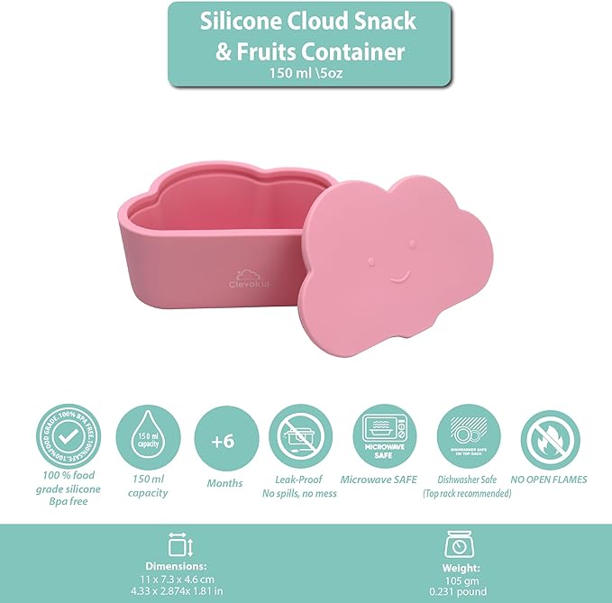 Silicone Snack & Fruits Container – Leakproof Durable and BPA-Free | for Daycare, Preschool, School, and Family Outings – Cloud design 150ML OZ (Pink candy)