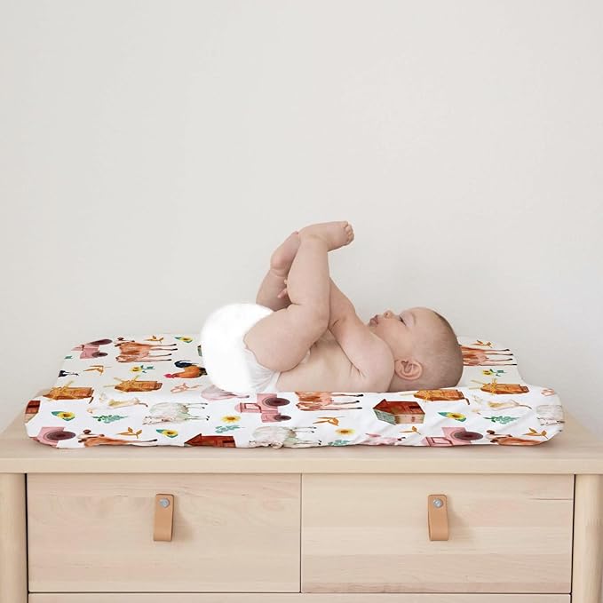 Watercolor Farm Animals Changing Pad Cover Barn Cow Lamb Chicken Pig Hen Duck Tractor Diaper Change Table Cover Sheets for Boys Girls Soft Stretchy Fitted Changing Mat Sheets