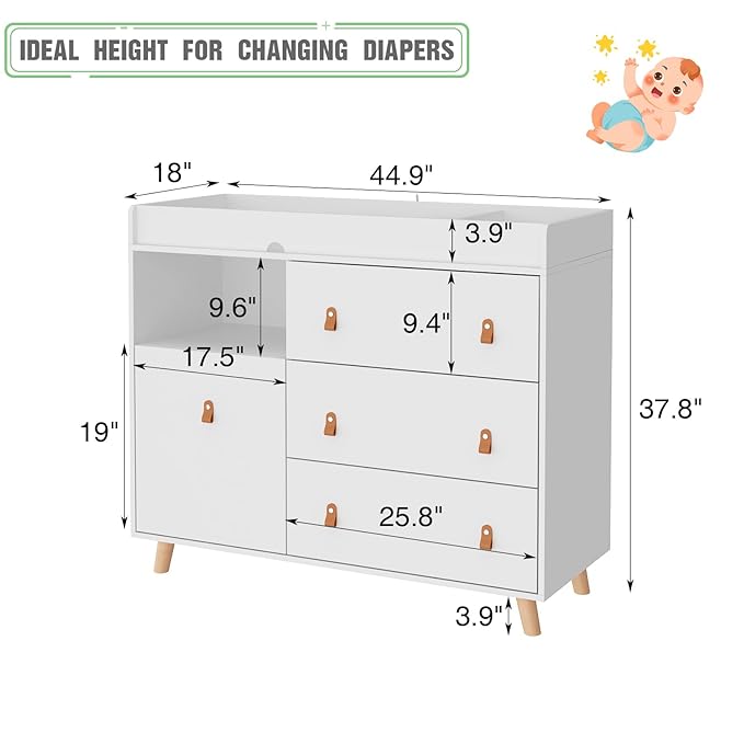 Changing Table Dresser, Baby Nursery Dresser with 3 Drawers and Shelf, Top Guardrail and Large Storage Cabinet, Hidden Trash Storage, Baby Changing Dressers for Nursery Room, White