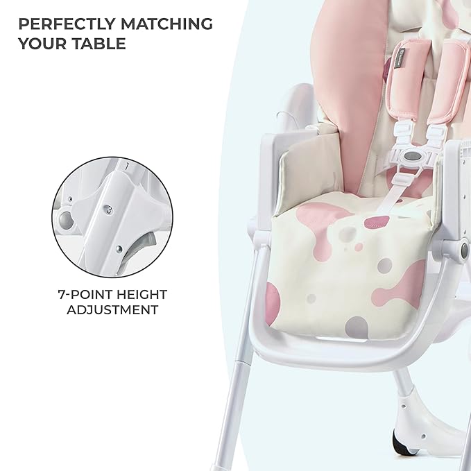 Kinderkraft Highchair Yummy, Baby Chair, Ergonomic, Comfortable, Reclining, Foldable, with Ajustable Height, Footrest, Detachable Double Tray, for Toddler, from 6 Month to 3 Years, Pink