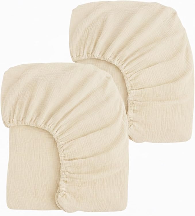 2 Pack Creamy Beige Muslin Crib Sheets for Boys & Girl- Neutral Breathable Cotton Crib Mattress Sheets Fitted for Standard 28"x 52"- Nursery Décor No Slip Crib Bed Sheets