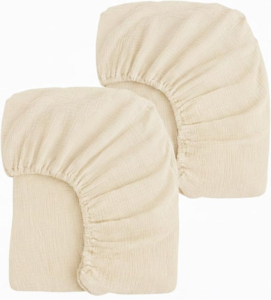 2 Pack Creamy Beige Muslin Crib Sheets for Boys & Girl- Neutral Breathable Cotton Crib Mattress Sheets Fitted for Standard 28"x 52"- Nursery Décor No Slip Crib Bed Sheets