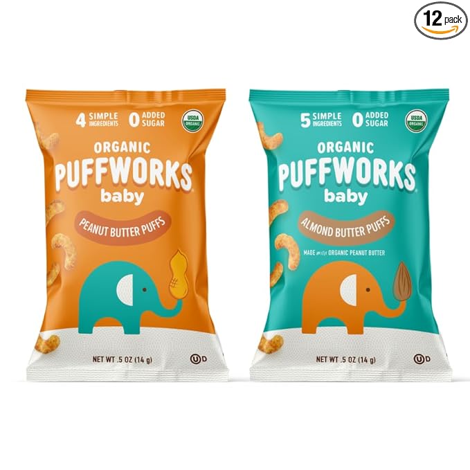 Puffworks Baby Peanut and Almond Variety Pack, Perfect for Early Peanut Introduction, Plant Protein, No Added Sugar, USDA Organic, Gluten-Free, Vegan, Non-GMO, Kosher, 0.5 Ounce (Pack of 12)