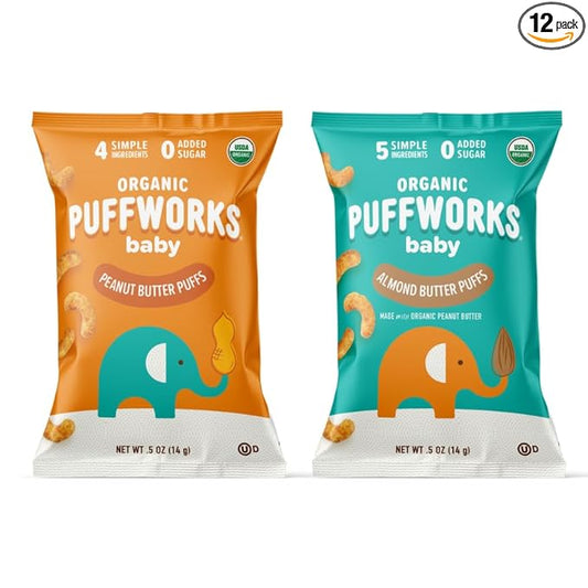 Puffworks Baby Peanut and Almond Variety Pack, Perfect for Early Peanut Introduction, Plant Protein, No Added Sugar, USDA Organic, Gluten-Free, Vegan, Non-GMO, Kosher, 0.5 Ounce (Pack of 12)