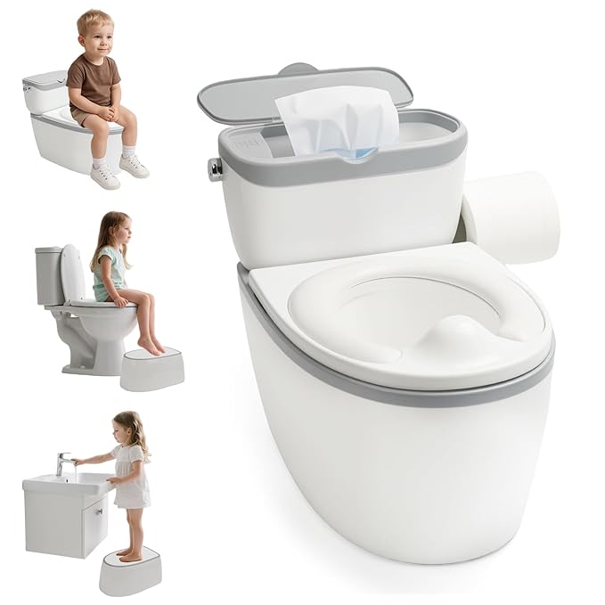TOSGN 3-in-1 Toddler Potty Training Toilet, for Ages 6 Months+, Realistic Potty Training Seat with Flushing Sound, Wipes Storage, Toilet Paper Holder