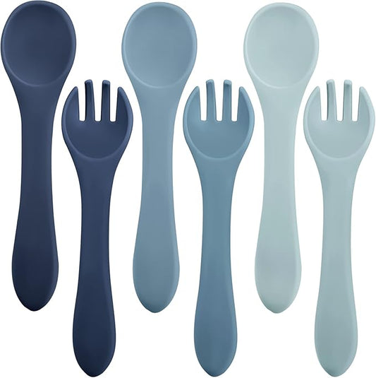 Nuenen 6 Pieces Silicone Baby Feeding Forks and Spoons Set Hot Safety First Stage Self Feeding Supplies Mini Kids Utensils for over 6 Months Babies Boy Girl Toddlers First Foods (Ocean Color)