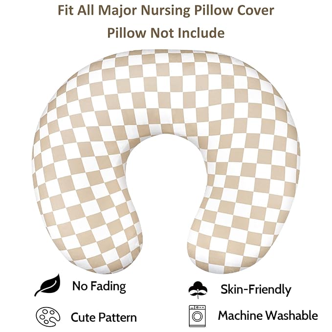 DILIMI Nursing Pillow Cover, Stretchy Removable Case for Breastfeeding Pillows, Ultra Soft Comfortable Slipcover for Baby Girl and Boy, Light Brown Checkerboard