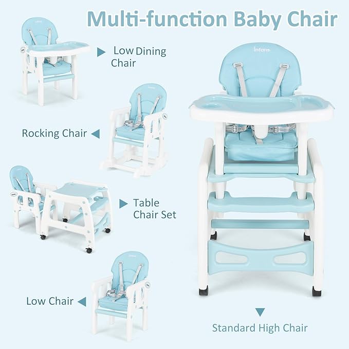 INFANS 5 in 1 Baby High Chair, Convertible Toddler Table Chair Set, Rocking Chair, Multi-Function Seat with Lockable Universal Wheels, Adjustable Seat Back, Removable Trays