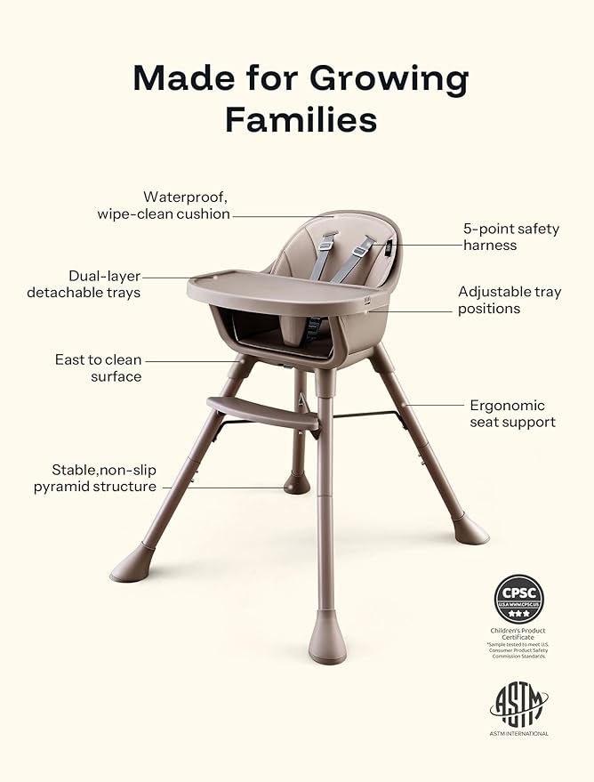 HARPPA 2 in 1 Baby High Chair for Babies and Toddlers, Convertible High Chairs with Removable Double Tray, Waterproof PU Seat Cushion, Anti-Slip Footrest and 5-Point Harness for 6–36 Months, Beige