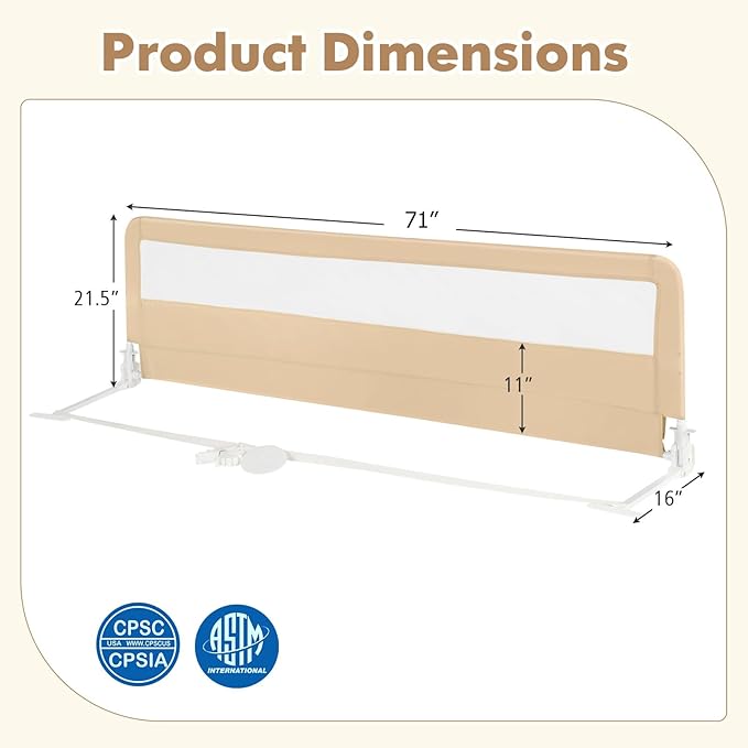 Costzon Bed Rail for Toddlers, 2 PCS Extra Long Swing Down Safety Bed Guards w/Straps for Convertible Crib, Kids Twin, Double, Full Size, Queen & King Bed, Folding Bed Rails for Baby (71-Inch, Beige)